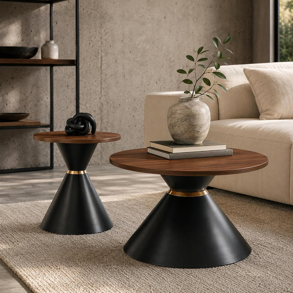 Round Coffee Table Set, Walnut Textured Top with Metal Base, Living Room &amp...
