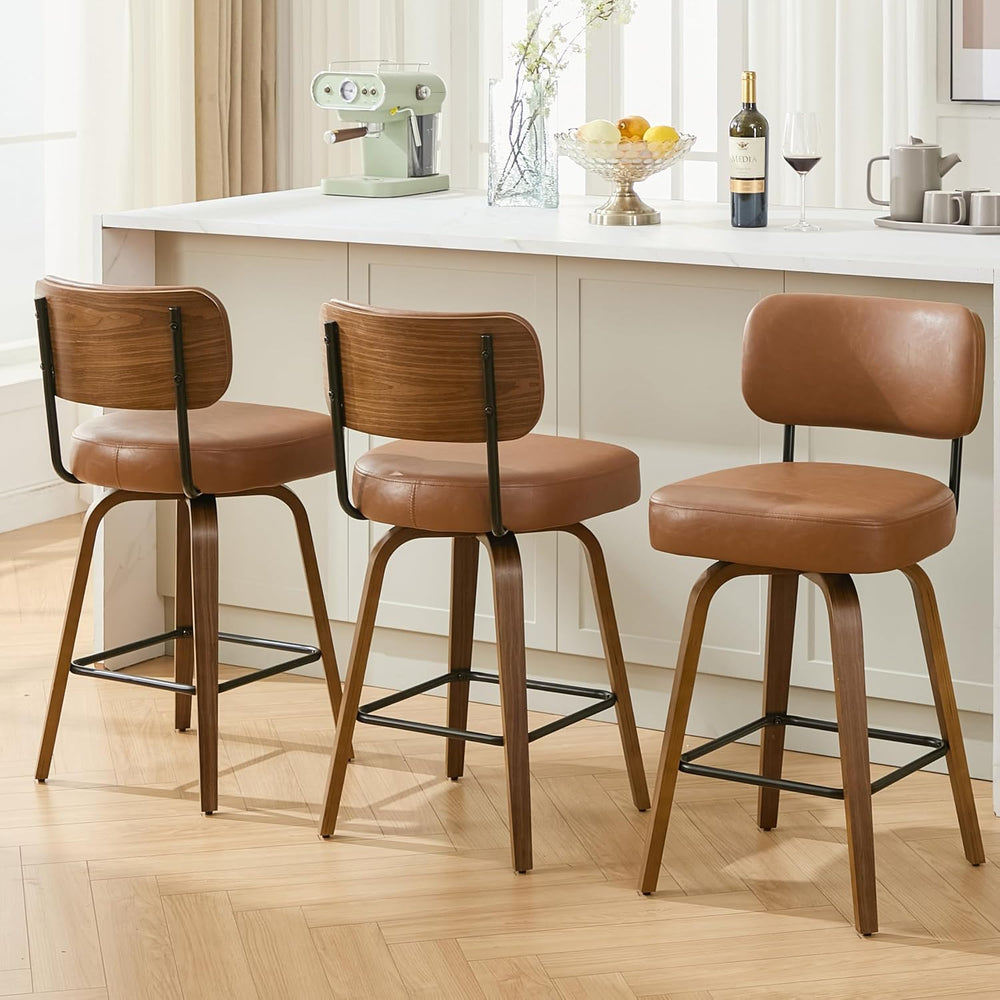 Swivel Bar Stools Set of 3, 26" Counter Height, Brown | Walnut Wood Legs...