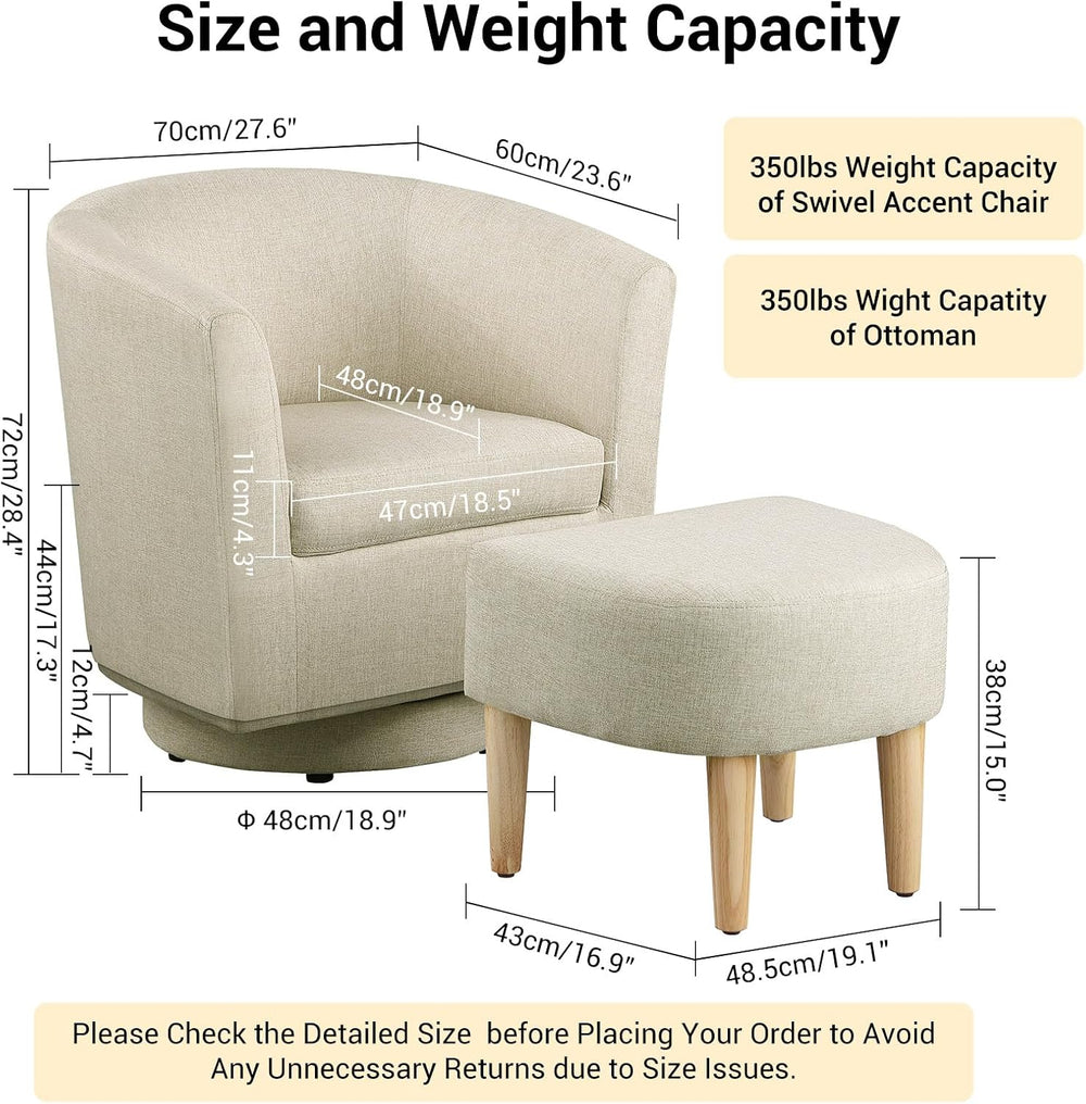 DAZONE Beige Swivel Accent Chair with Ottoman, Comfy Barrel Armchair for Smal...