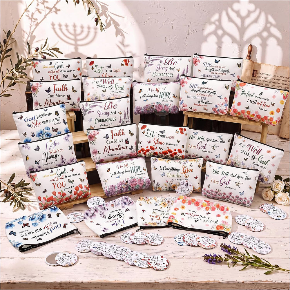 48 Pcs Christian Gifts for Women Inspirational Makeup Bags with Mirrors