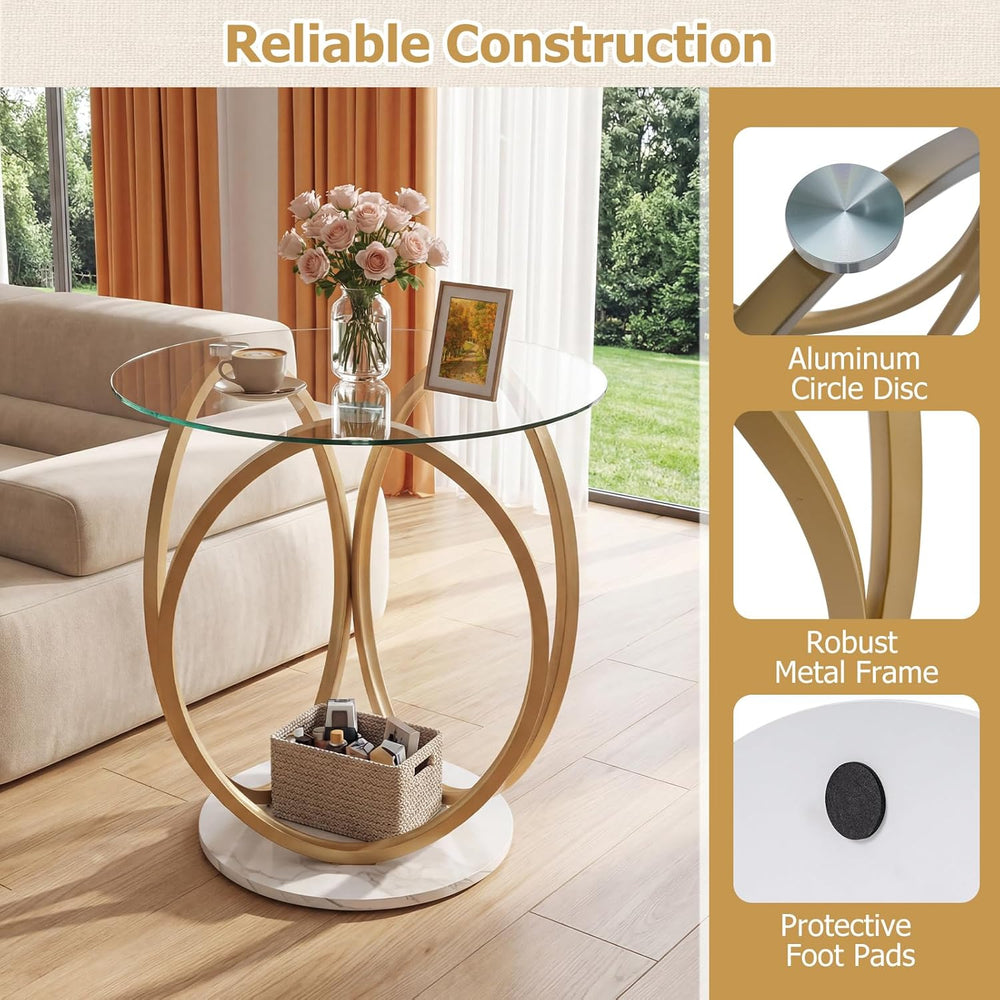 Giantex Round End Table, Faux Marble Sofa Couch Side Table with Tempered Glas...
