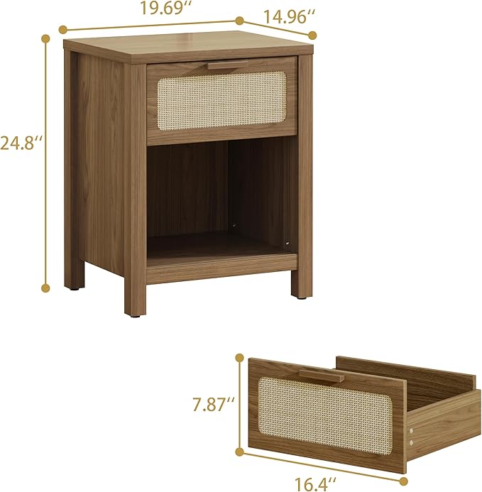 Rattan Nightstand, Mid Century Modern Bedside Table with Opening Storage,Larg...