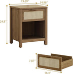 Rattan Nightstand, Mid Century Modern Bedside Table with Opening Storage,Large Side Table with Drawer,Boho Night Stand,Wooden End Table,Handmade Solid Wood Handle,Walnut CTG65BR