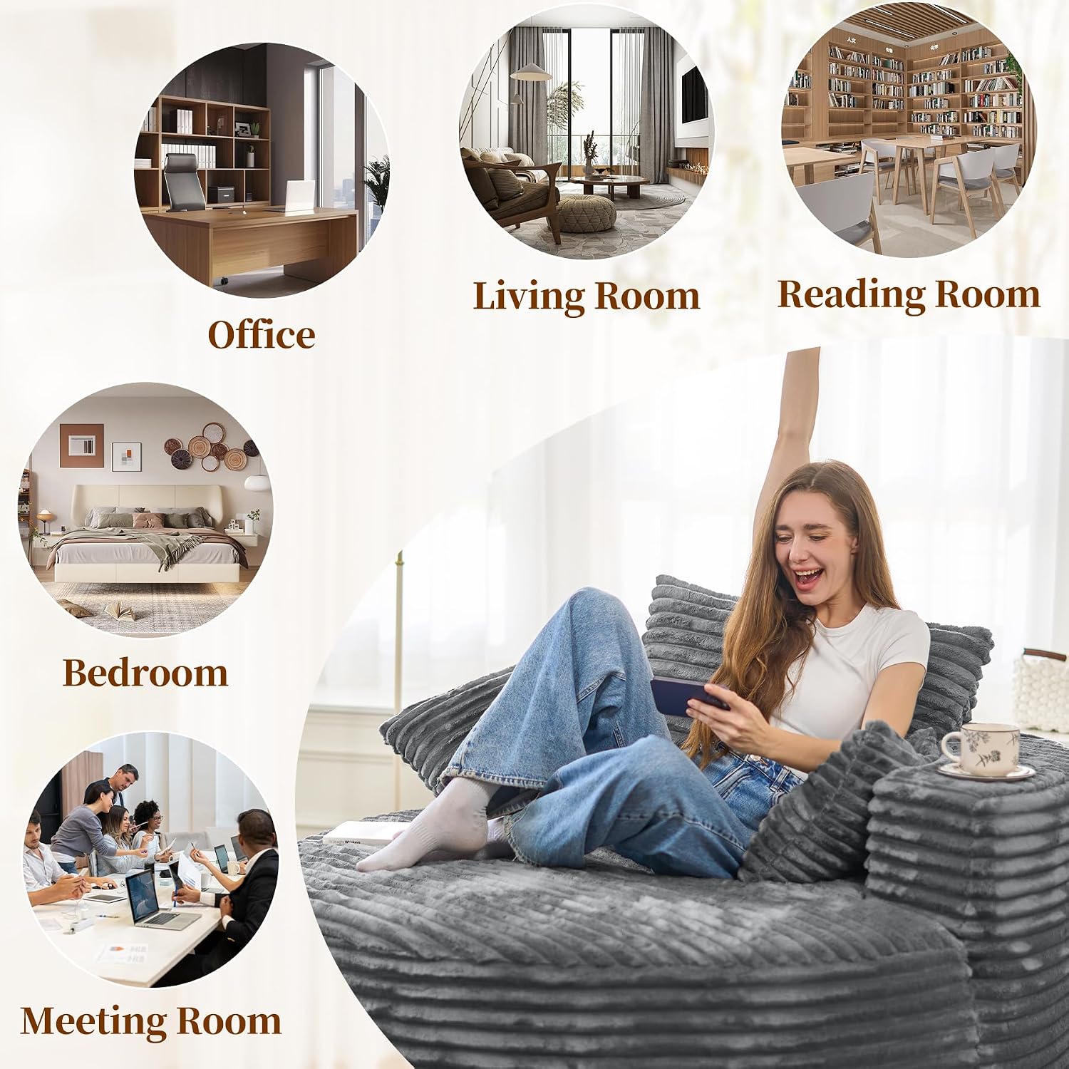 55''W 3.5CM Corduroy Single Foam Sofa, Oversized Round Chair with Pillows, Modern Sleeper for Living Rooms, Lounges, Nurseries and Projection Rooms, Wide-Arm Lounge Chair Armchair, Dark Grey