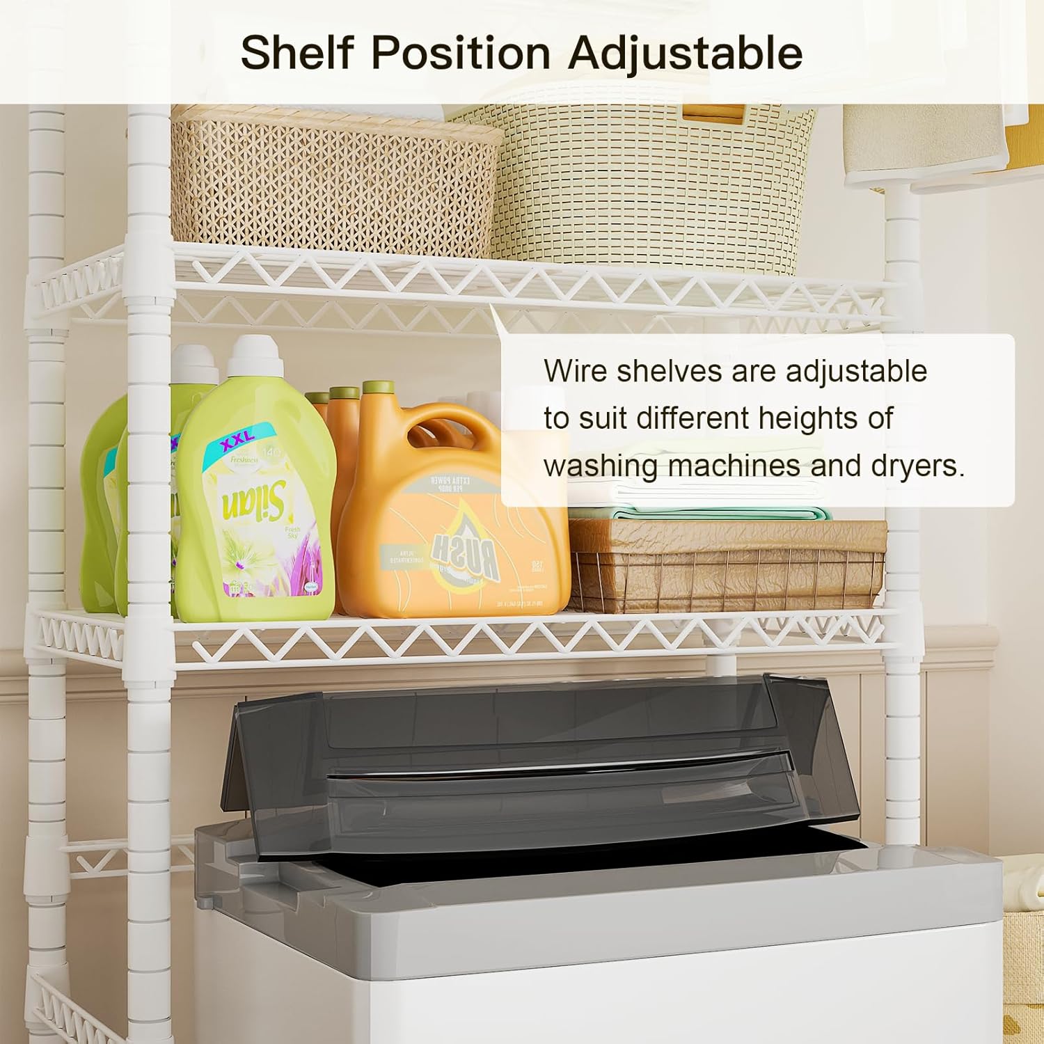 Ulif U11 Mini Over Washer and Dryer Shelves, 3 Tiers Laundry Room Storage and Organizer Standing Shelf, Metal Freestanding Clothes Drying Rack, 28.3”W x 19.7”D x 77.6”H, White