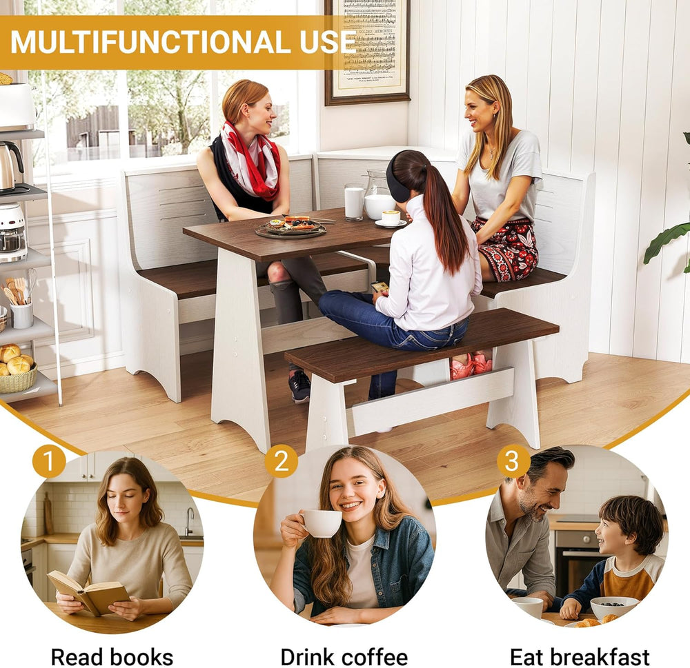 Breakfast Nook Set 3-4 Seat L-Shaped with Hidden Storage - Space Saving Corne...