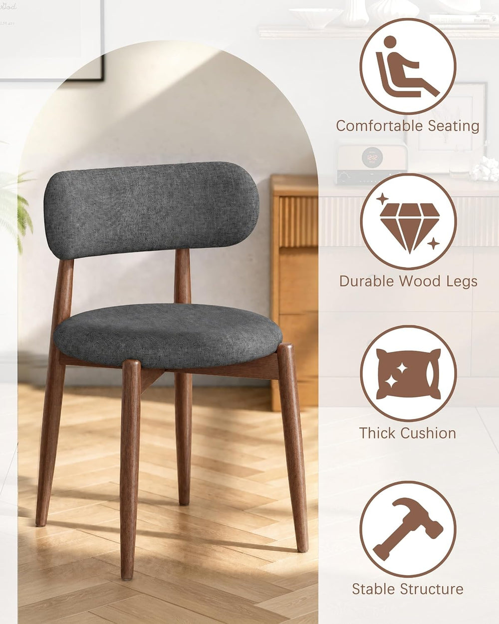 Wooden Dining Chairs Set of 4, Mid Century Modern Upholstered Kitchen Chairs ...