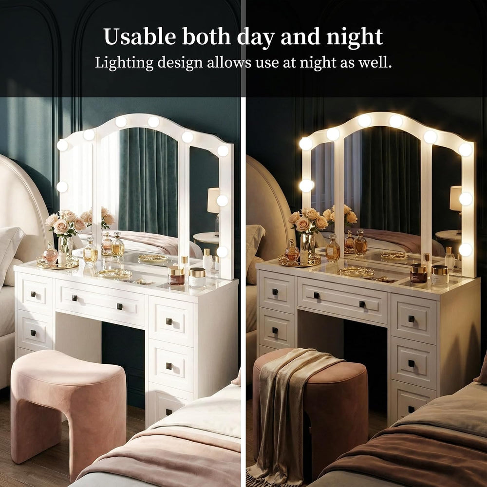 FUSUNBAO White Lighted Vanity Desk, Tri-Fold Mirror, 5 Drawers, Outlets | Ret...