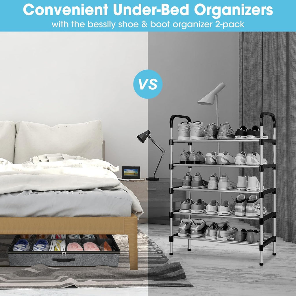 2 Pack Under Bed Shoe Storage Organizer for Closet, Fits Total 24 Pairs Foldable Underbed Shoes Containers Boxes Under the Bed Storage Bedding with Sturdy Handles&Clear Window for College Dorms, Grey