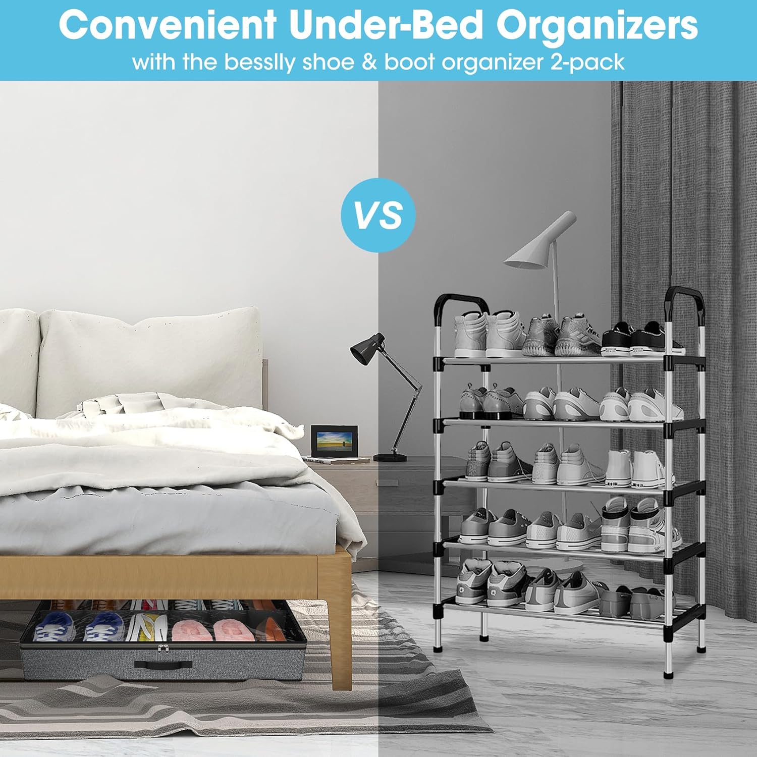 2 Pack Under Bed Shoe Storage Organizer for Closet, Fits Total 24 Pairs Foldable Underbed Shoes Containers Boxes Under the Bed Storage Bedding with Sturdy Handles&Clear Window for College Dorms, Grey