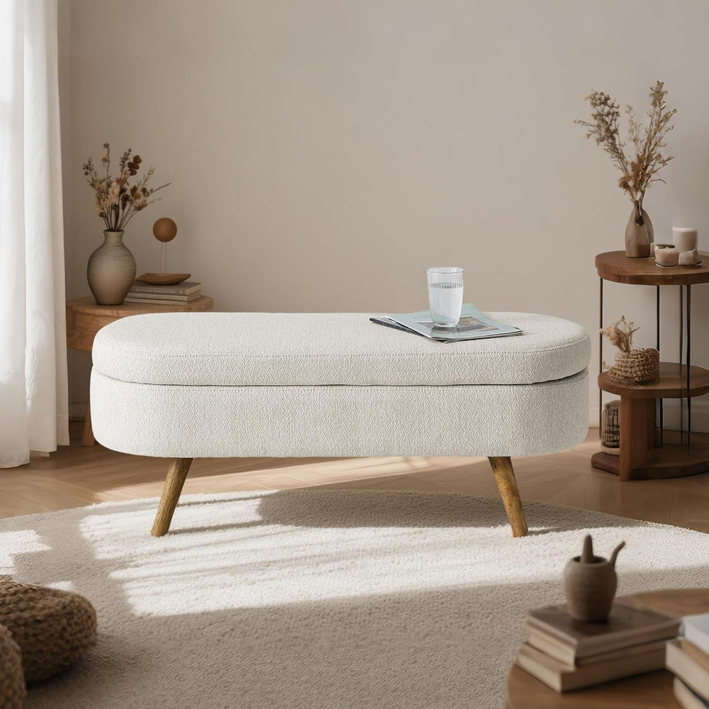 SoarFlash Ottoman Oval Storage Bench Linen Fabric Rubber Wood Legs（Beige）