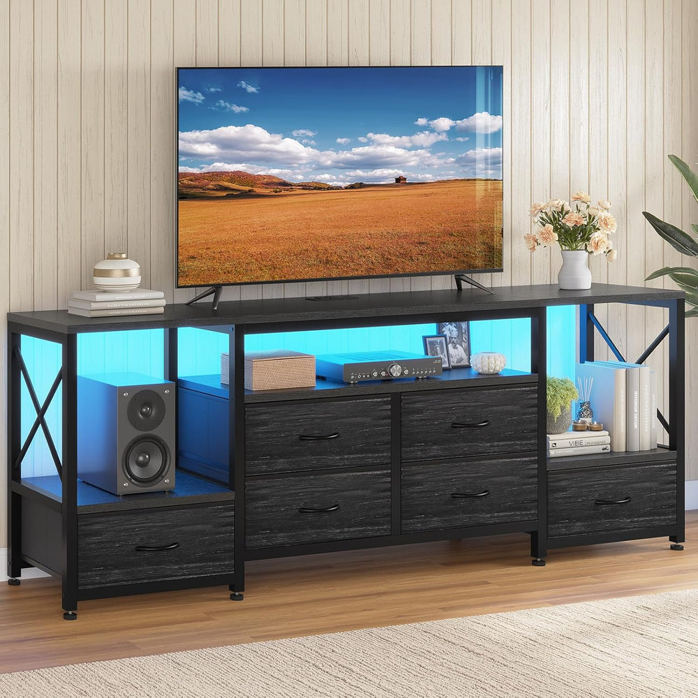 HAUOMS TV Stand for 75 Inch TV,Charcoal Black Wood Grain Print | Entertainmen...
