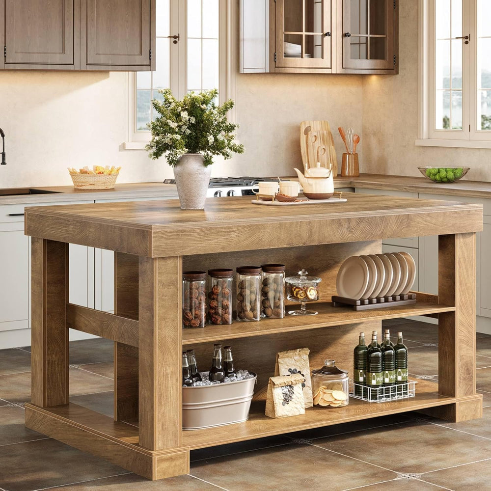 Tribesigns 55" Kitchen Island with Seating and Storage, 3-Tier, Farmhous...