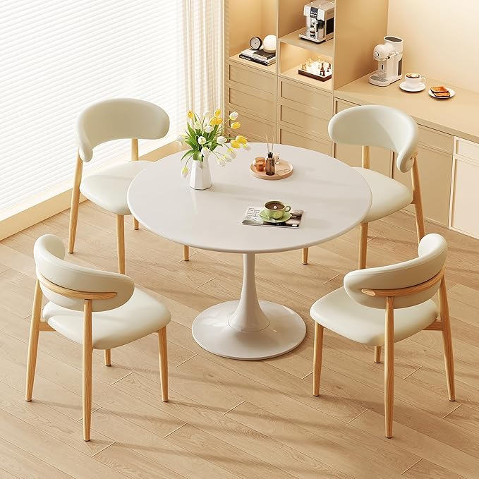 Dining Chairs Set of 2 for Kitchen Dining Table Mid Century Modern Farmhouse Upholstered Leather Dining Room Chairs with Metal Legs, Original Beige