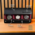 DailyWatch | Personalized Watch Roll Travel Case For 3 Watches - Handmade Genuine Leather Travel Case With Custom Engraving of Name or Initials - Black Cherry