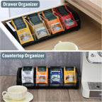 Tea Bag Holder Organizer Box with 4 Compartments, Pine Wood and Acrylic, 13.5 x 4.9 x 3.1 inches for Drawer, Cabinet, Countertop, Tea Tray (Black)