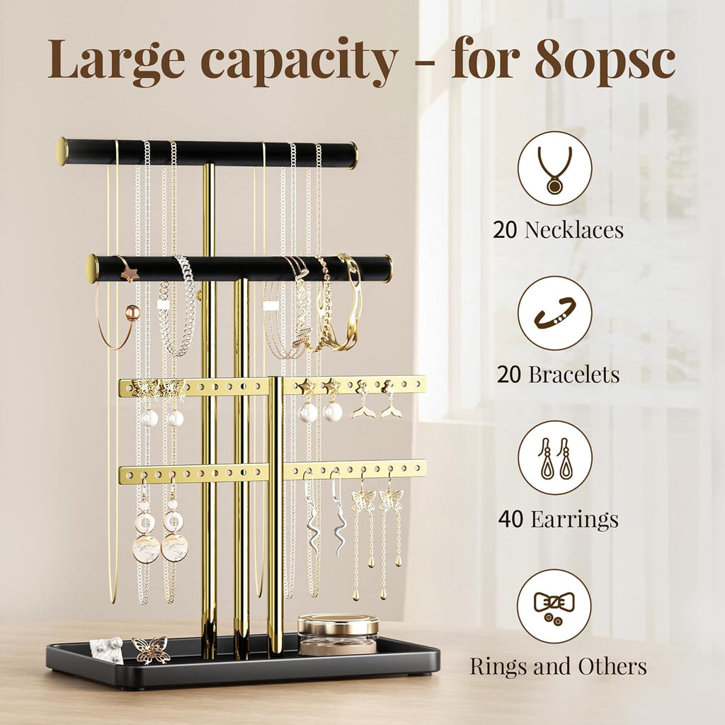 pickpiff Jewelry Holder Organizer with Velvet, Adjustable 10"-17" Tall, Metal Stand for Display Bracelet, Necklace, Earrings, Rings, Black and Gold
