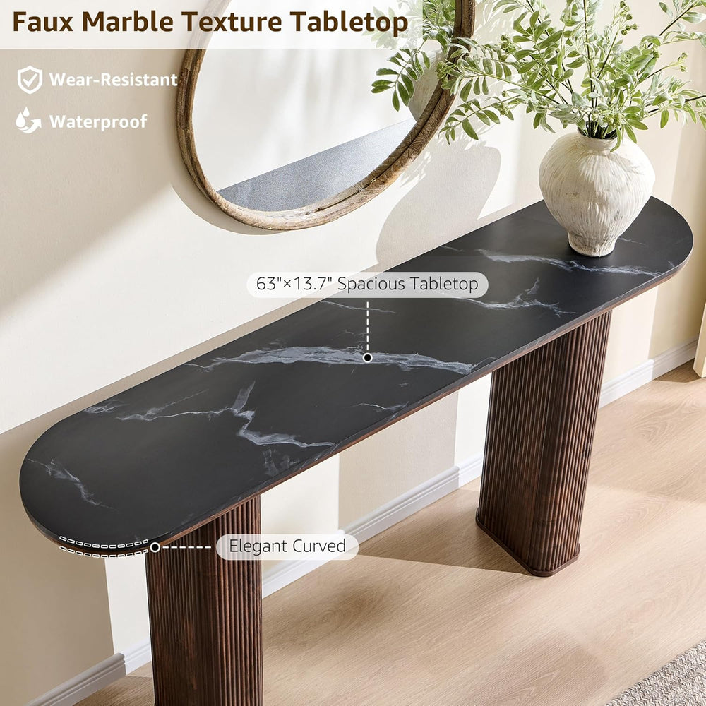 OKD 63 Inch Modern Console Table with Arc Faux Marble Texture Top, Fluted Woo...