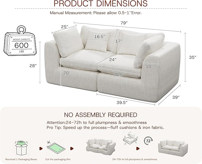 79'' Oversized Cloud Sectional Boneles Loveseat for Living Room, Modern Big Compressed 2 Seater Couch with 2 Throw Pillows, Comfy Chenille Deep Seat Memory Foam Spineless 2 Person Couch, Beige | No Assembly Needed, Premium Chenille, Flexible Modular, W...