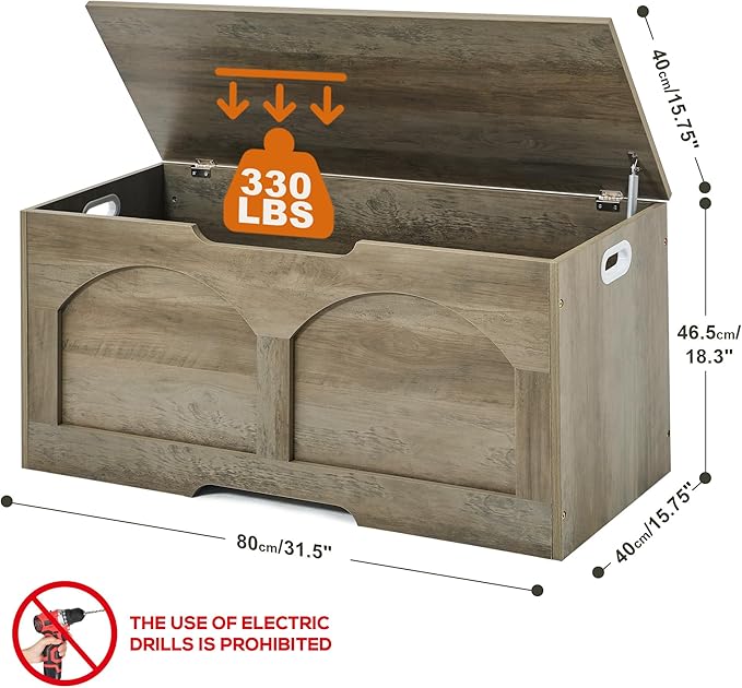 Storage Chest, 31.5" Retro Wooden Storage Bench, Entryway Storage Trunk, Supports 330 lb, Upgraded Safety Lift Support Hinge, Entryway Bench, U-Shaped Opening for Entryway Living Room, Grey