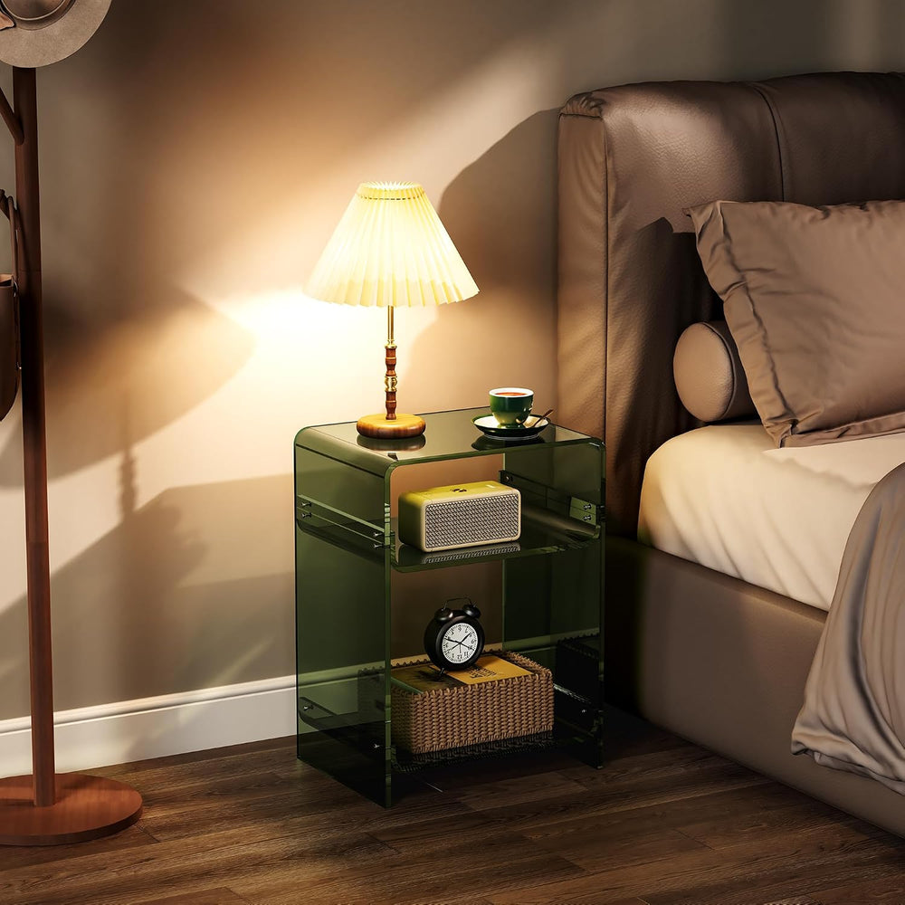 Acrylic Record Player Table with Storage Shelf, Clear Side Table Nightstand (...