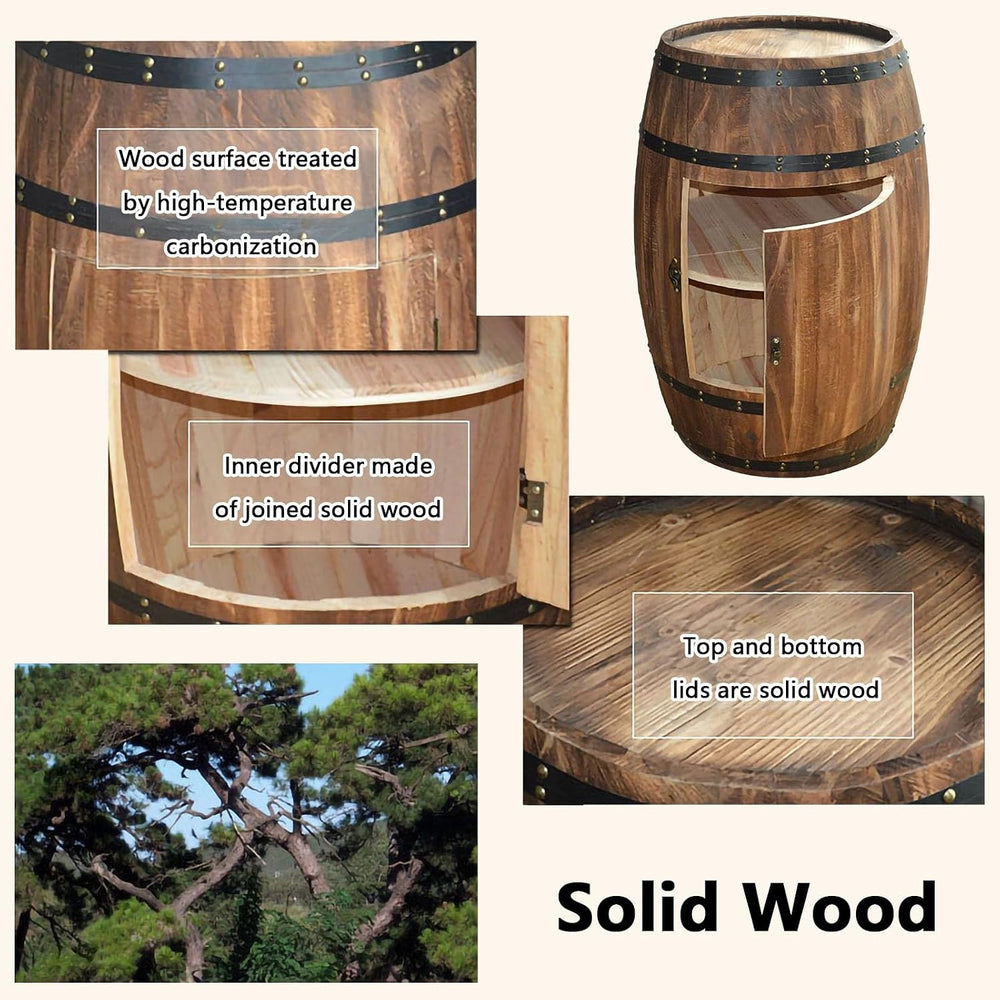 Rustic Wooden Wine Barrel Table - 2-Tier Display Cabinet with Door, Stylish A...