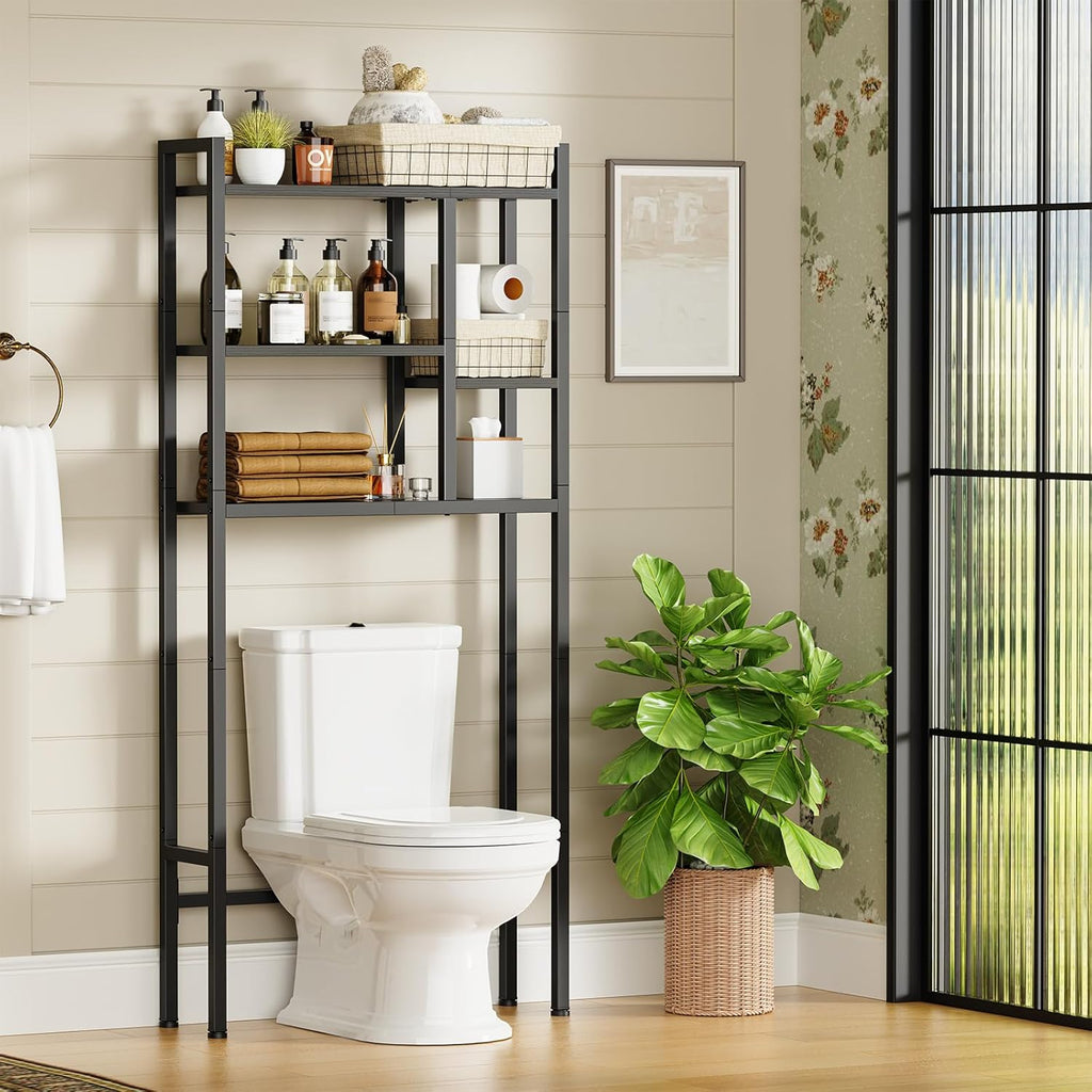 Over The Toilet Storage Rack, 3-Tier Bathroom Organizer Over Toilet, Wooden Above Toilet Storage Shelf, Space Saver, Freestanding Bathroom Storage Metal Shelf, Easy to Assemble, Black