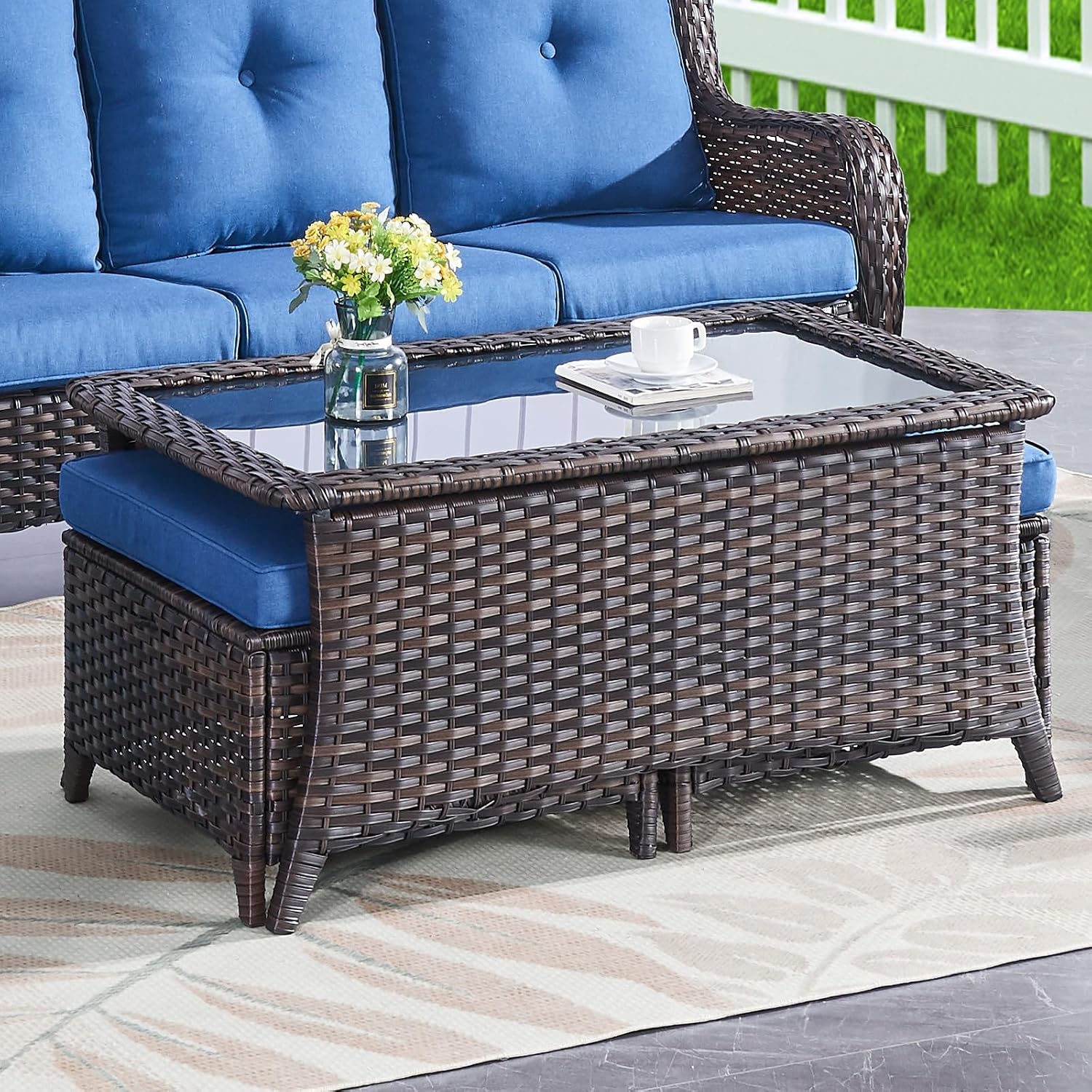 Belord Outdoor Coffee Table with Tempered Glass Top, Patio Rectangular Brown Wicker, Handwoven Rattan Coffee Table Compatible with Patio Furniture Sets for Porch Deck Backyard