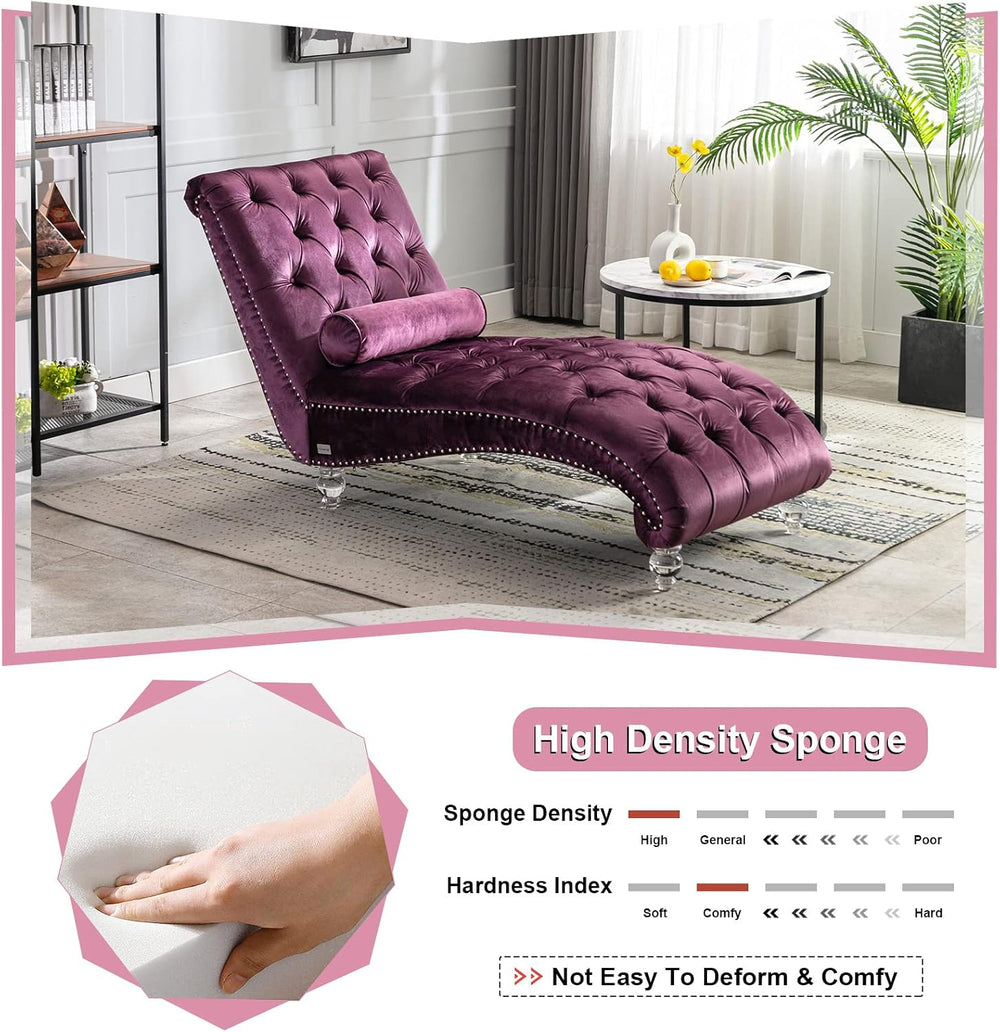 Velvet Chaise Lounge Chair with Toss Pillow, Modern Tufted Button Lounge Chai...