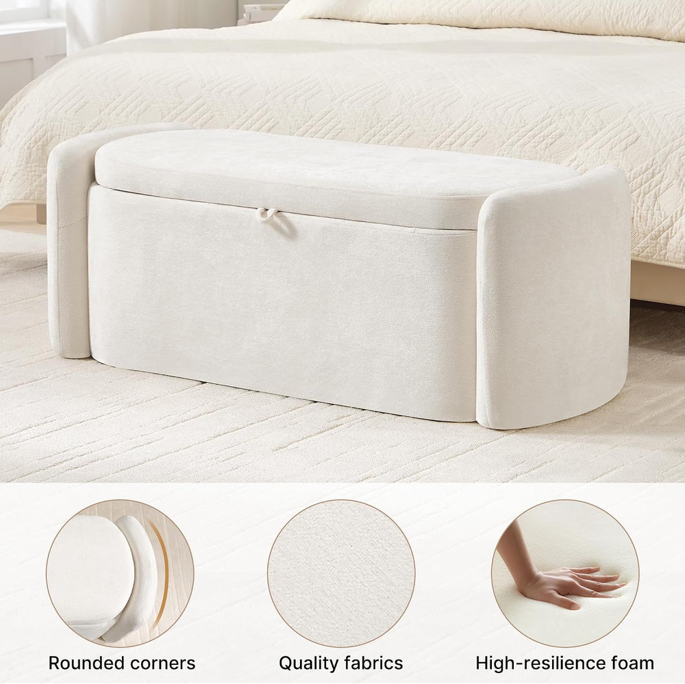 Oval Storage Ottoman Bench, 45" Upholstered Chenille End of Bed Bench Ot...