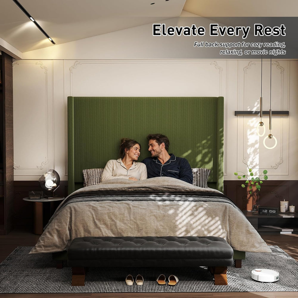 Queen Size Corduroy Upholstered Bed Frame with 65" Tall Headboard,USB Ch...