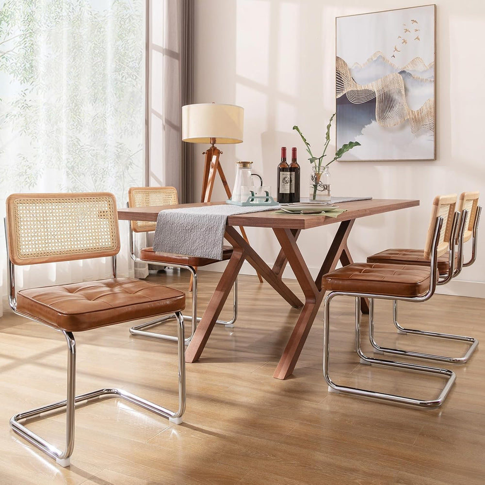 ONEVOG MCM Rattan Dining Chairs Set of 4, Faux Leather Retro Chair with Natur...
