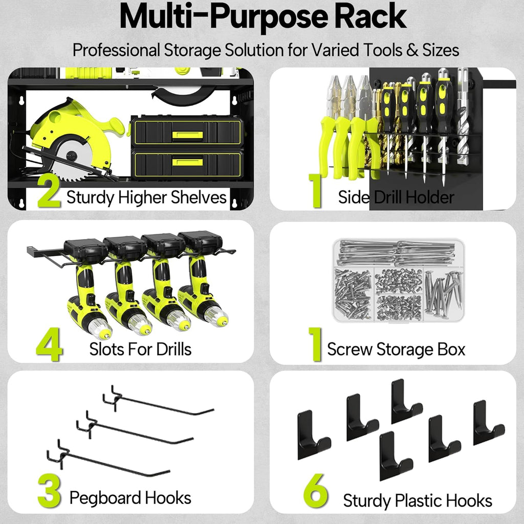 3 Layer Heavy Duty Power Tool Organizer Wall Mount with Charging Station, Adjustable Metal Storage Rack, 6 Outlets Strip, Drill Holders, Hooks & Drill Bit Rack for Garage, Workshop, Black