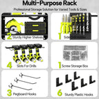 3 Layer Heavy Duty Power Tool Organizer Wall Mount with Charging Station, Adjustable Metal Storage Rack, 6 Outlets Strip, Drill Holders, Hooks & Drill Bit Rack for Garage, Workshop, Black