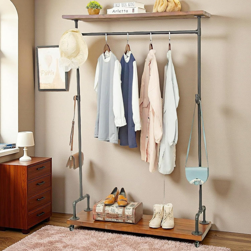 Industrial Pipe Clothing Racks, Rolling Garment Racks, Hall Tree on Lockable Wheels with Shelves and Shoes Storage, Heavy Duty Clothes Rack (two tiers garment rack)