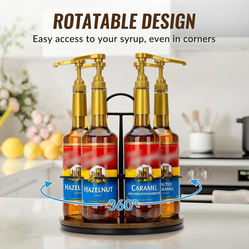 Rotating Coffee Syrup Organizer Hold 6 Bottles, Black | Wood Coffee Syrup Rac...