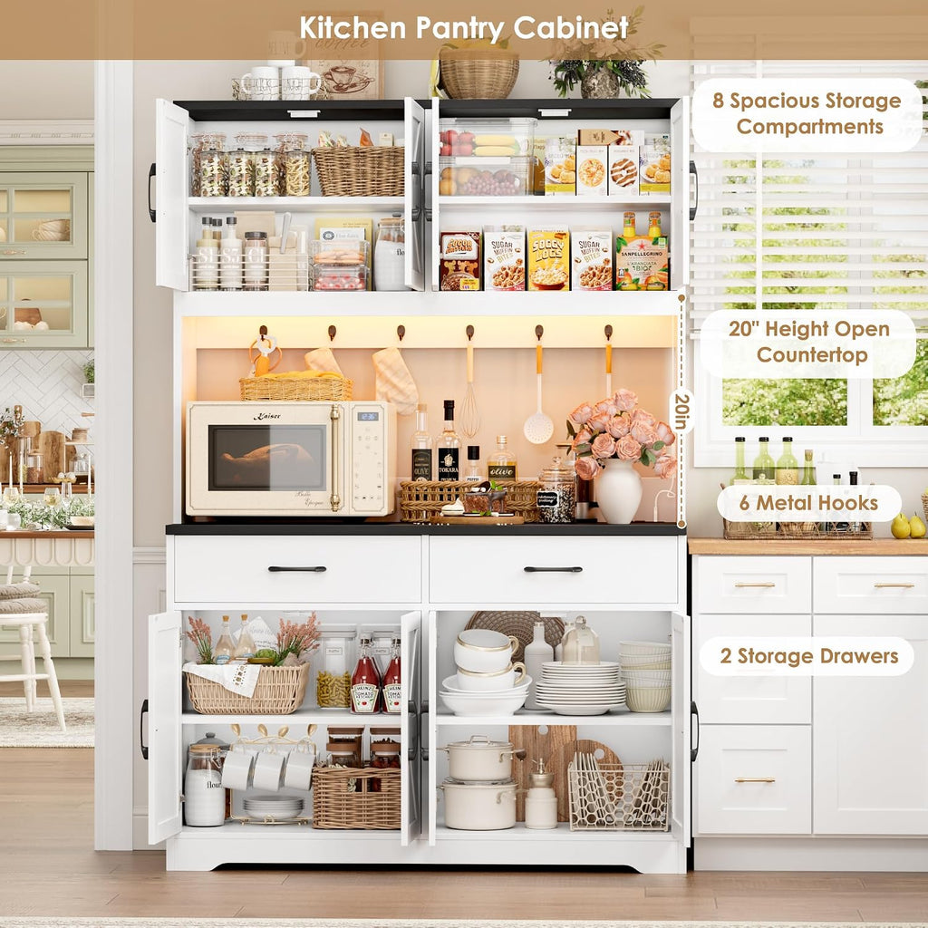 HIFIT 71" LED Pantry Cabinet with Charging Station, Tall Coffee Bar Cabinet | Farmhouse Kitchen Hutch Cabinet with Storage, Large Countertop, 7 Metal Cup Hooks, White+Black