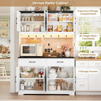 HIFIT 71" LED Pantry Cabinet with Charging Station, Tall Coffee Bar Cabinet | Farmhouse Kitchen Hutch Cabinet with Storage, Large Countertop, 7 Metal Cup Hooks, White+Black