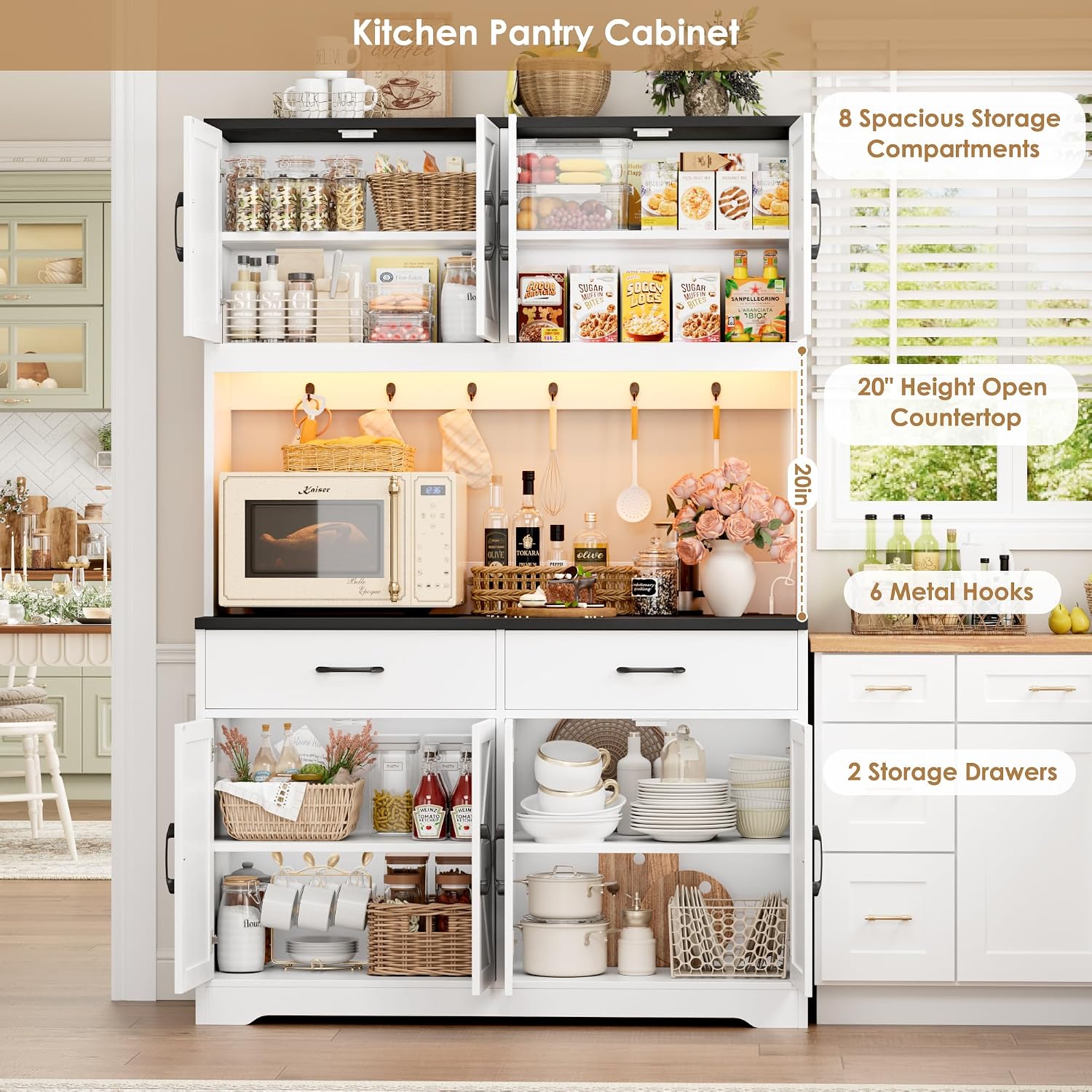 HIFIT 71" LED Pantry Cabinet with Charging Station, Tall Coffee Bar Cabinet | Farmhouse Kitchen Hutch Cabinet with Storage, Large Countertop, 7 Metal Cup Hooks, White+Black