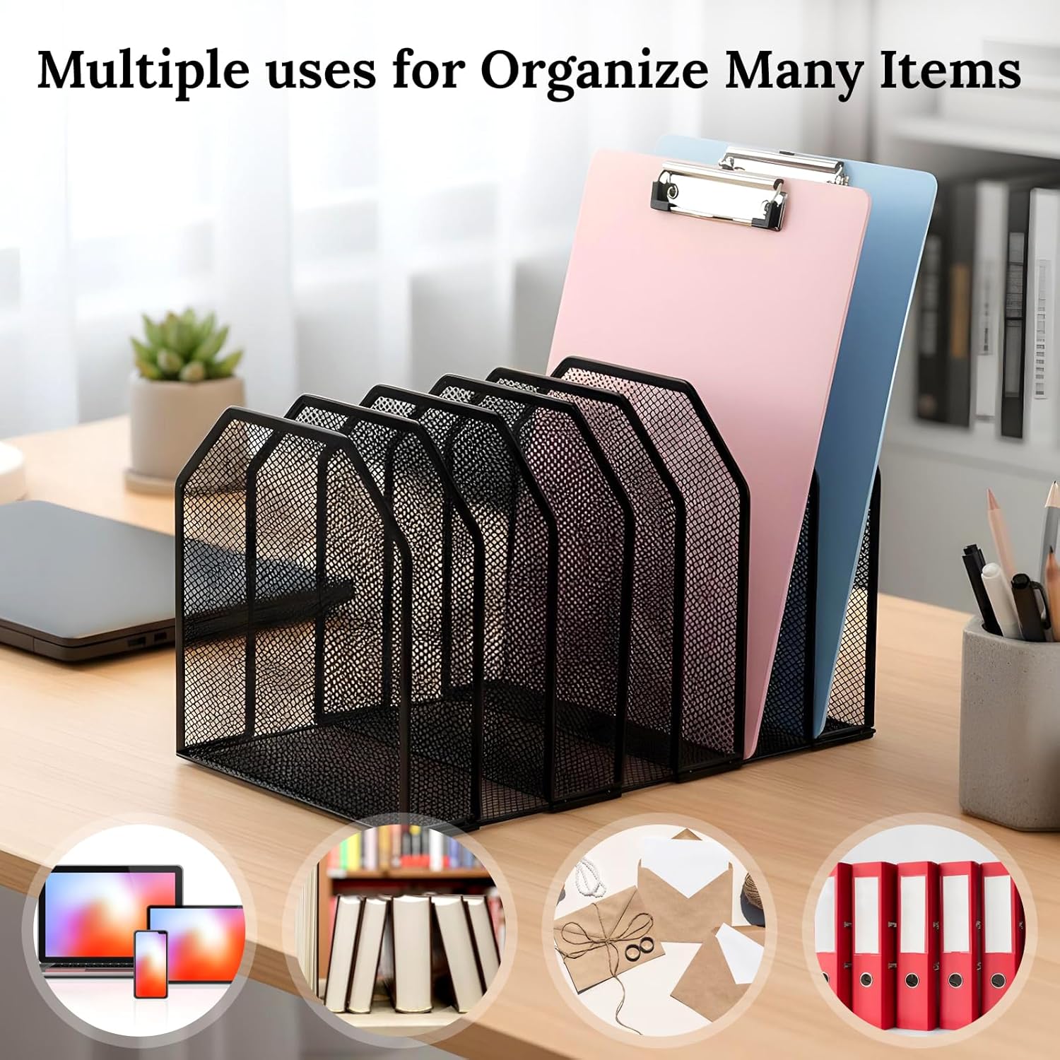 Metal Mesh File Organizer, Adjustable 7 Section Vertical Desk File Holder, Black Office Heavy-Duty Document Sorter for Books Binders, Laptops