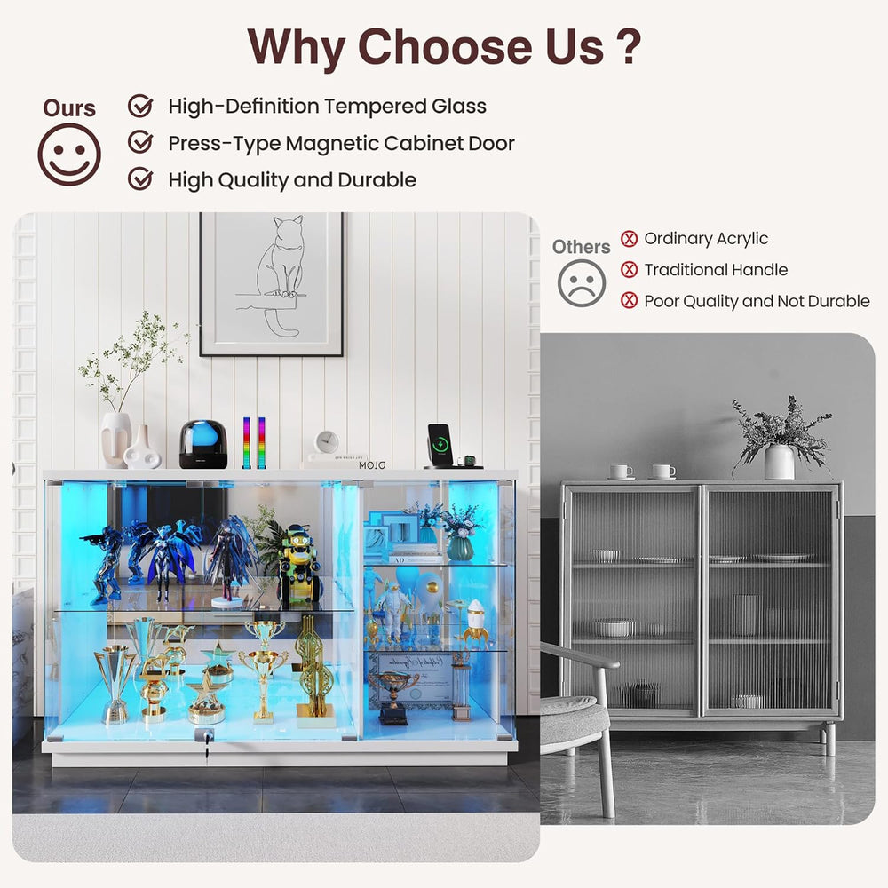 Gurexl 47.2" W Glass Display Cabinet with 3-Color LED Lights, 5-Tier Loc...