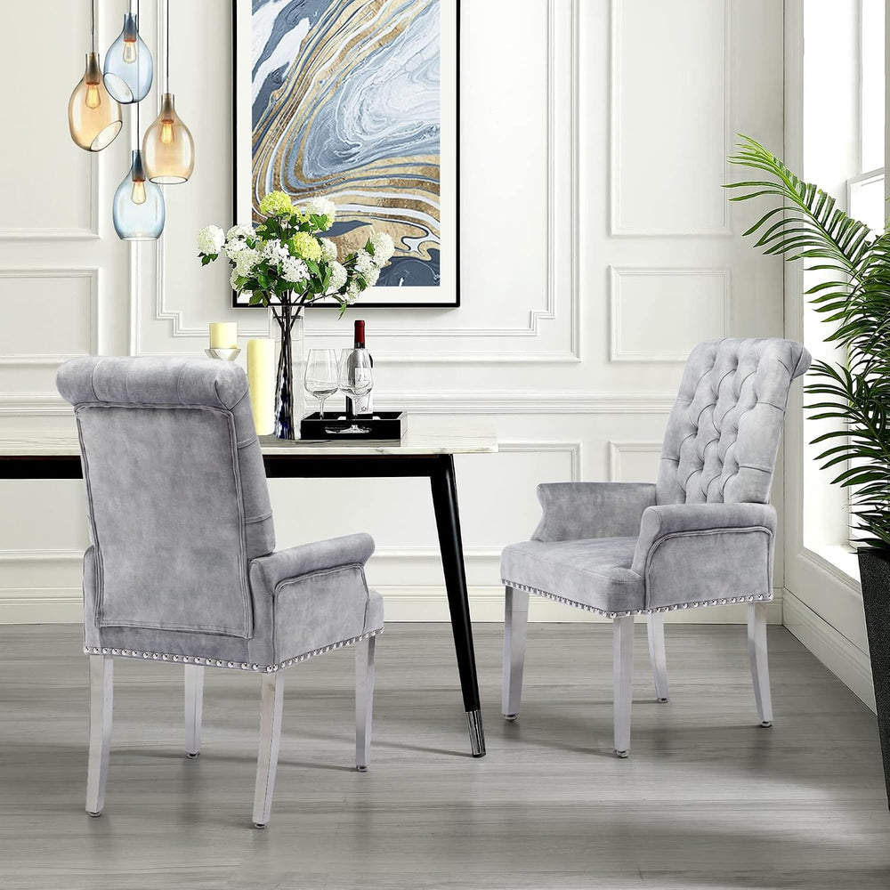 Velvet Dining Chairs with Arms, Upholstered Dining Room Chairs, Grey | Uphols...