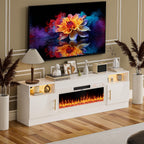 AHB Fireplace TV Stand 70", Fits TVs up to 80", LED Lights, Storage | 36" Electric Fireplace with Realistic Flame Multiple Color Modes Spacious Storage Cabinet with Handles White/White