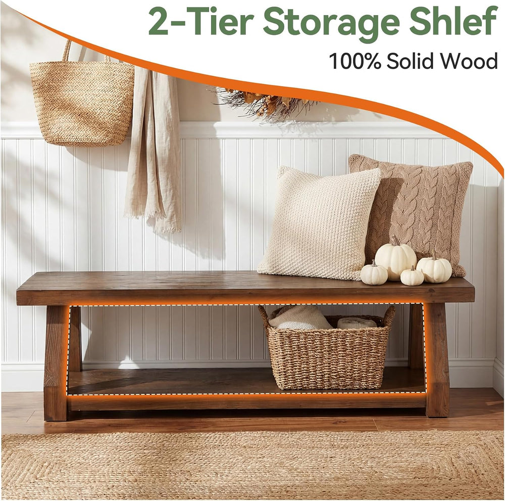 63" Solid Wood Bench, 2-Tier Entryway Bench with Shoe Storage, Rustic Ha...