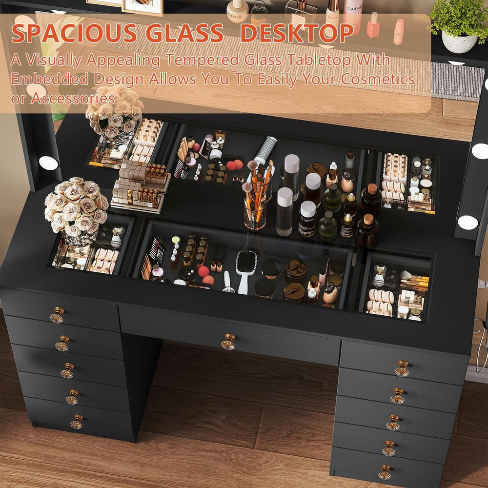 Vanity with Large Mirror and 10 LED Lights, Vanity Desk with Glasss Top, Make...