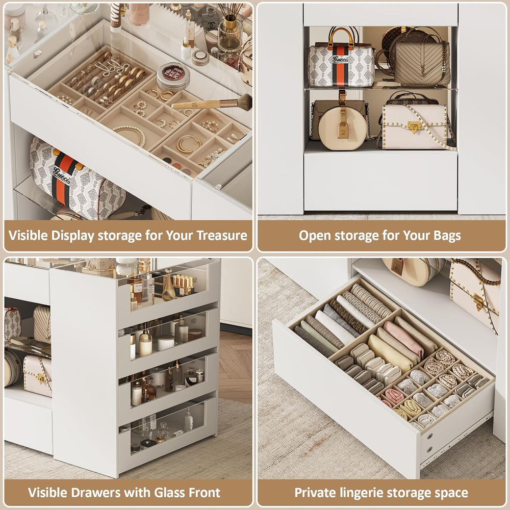 LIVAUVEAD Closet Island with 12 Drawers, Glass Top & Display Shelves, Whi...