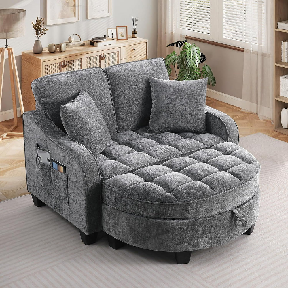 Oversized Chaise Lounge Chair Indoor with Ottoman, Chenille Tufted Comfy Love...