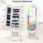 6 LED Mirror Jewelry Cabinet - Wall/Door Mounted Armoire with Large Capacity, Lockable, 14 Dimmable Lights + Adjustable Full-Length Standing or Hanging, White - Cosmetic Storage Organizer, Gift Idea