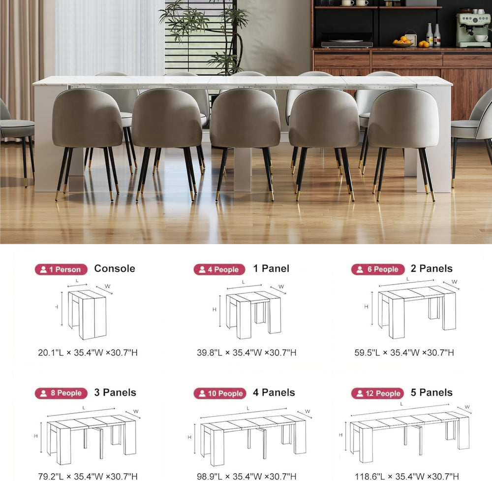 Transformer Table, Extendable Dining Table for 2-12 People, Marble White