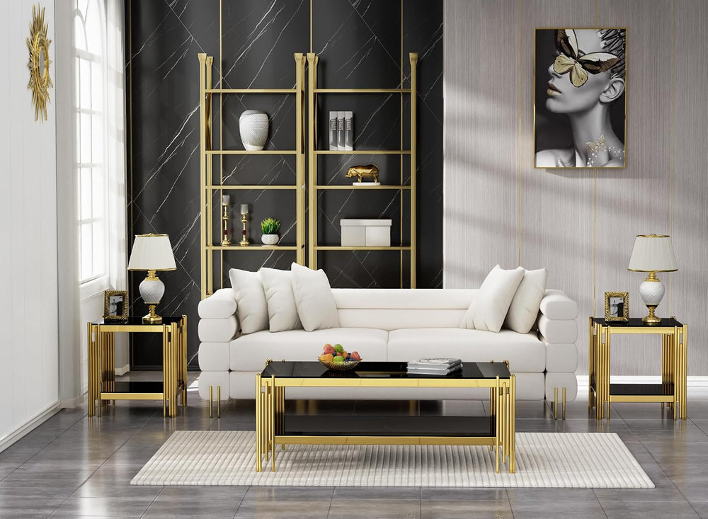 Henf 3-Piece Black Glass Living Room Table Set, 2-Tier Glass Coffee Table &am...